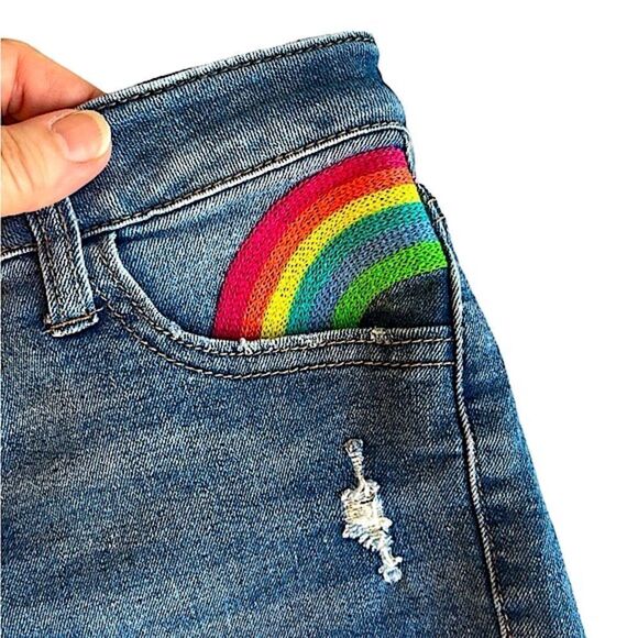 🌴Cat & Jack Sun & Rainbow Embroidered Denim Super Stretch Shorts Girls L(10-12) - Picture 4 of 12